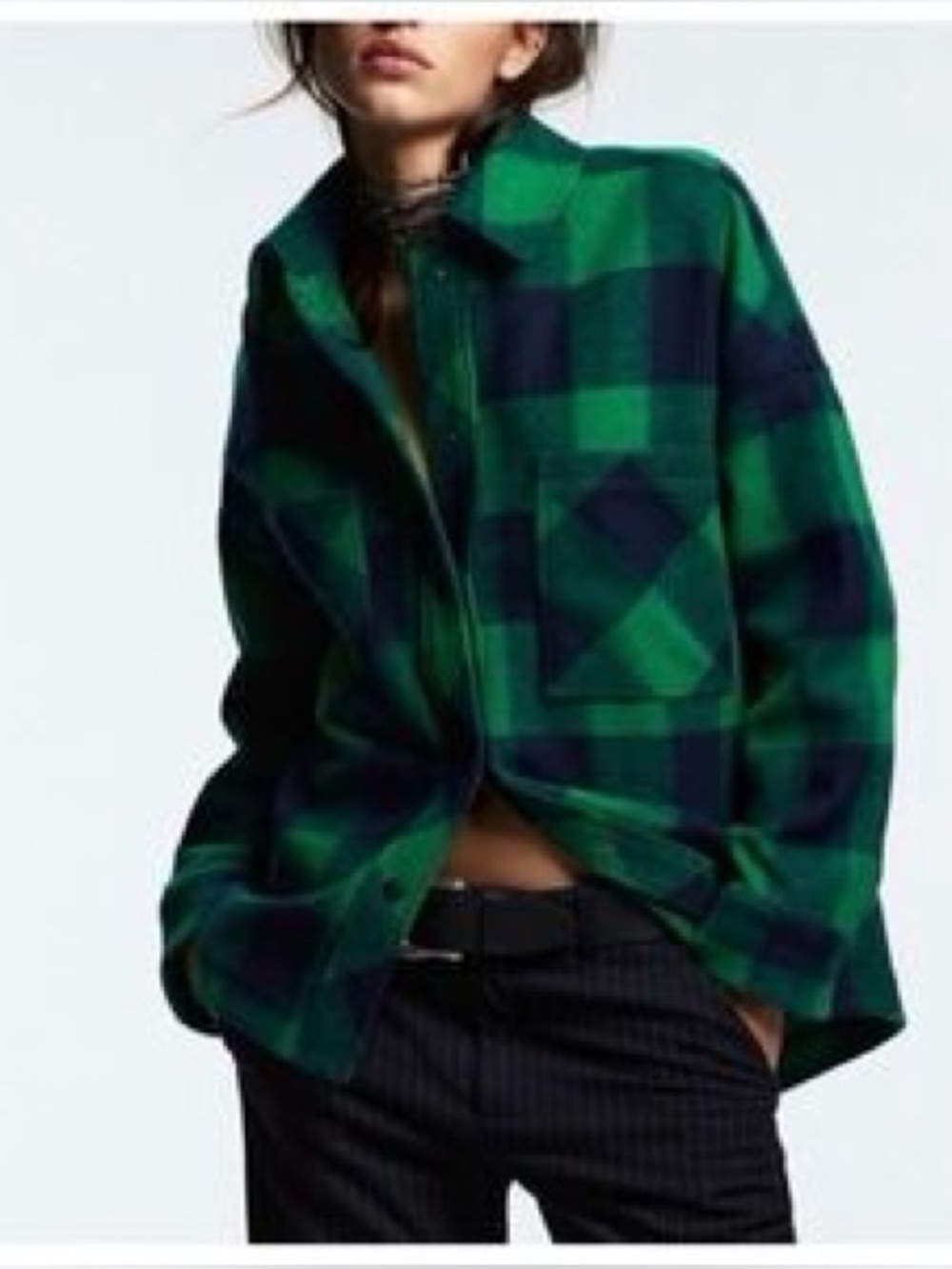 Zara Small oversized Green and Navy Plaid buffalo Check Button-Up Shirt Jacket